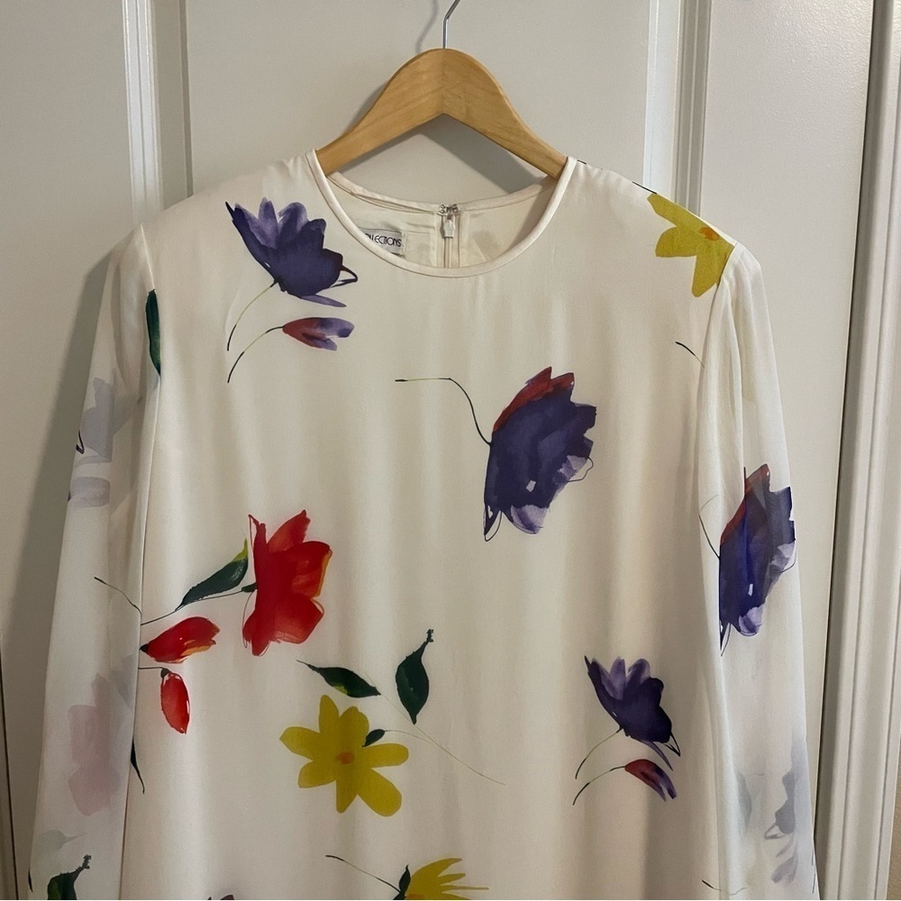 Vintage Anne Crimmins Silk Floral Print Dress with Scarf Cream Size 14 - 16 - Picture 3 of 17
